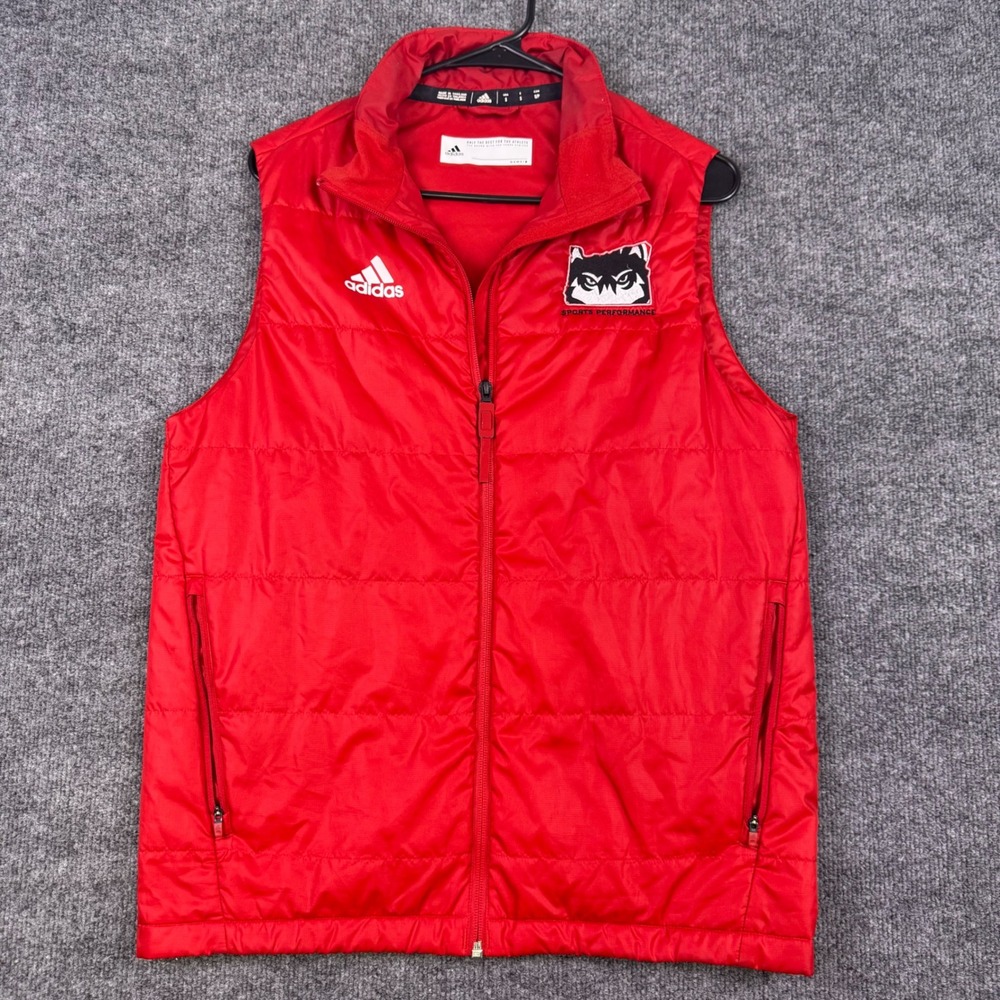 Adidas Sports Performance Puffer Vest Mens Small Red Full Zip Owl Logo
